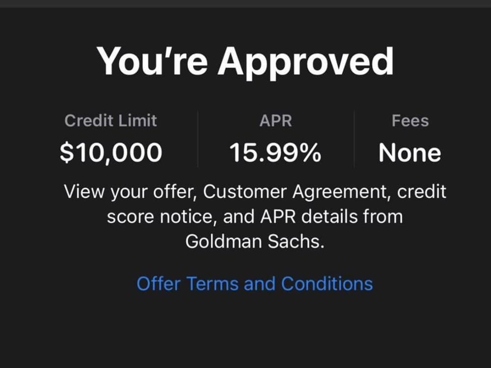 Apple Card approval reading "You're Approved — Credit Limit $10,000."