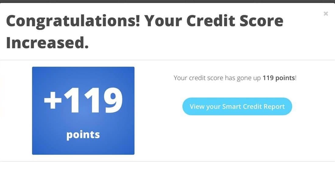 SmartCredit popup reading your credit score has gone up 119 points.